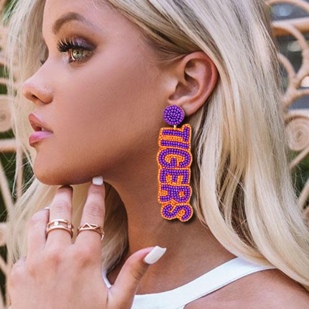 Clemson Tigers College Football Fans Team Colors Purple Orange Beaded Earrings